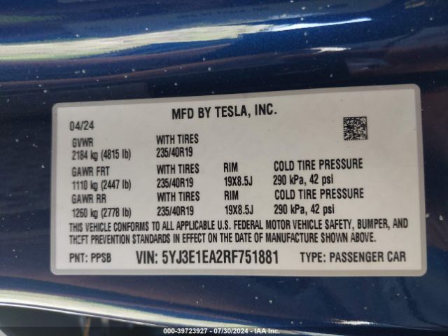 5YJ3E1EA2RF751881 Tesla Model 3 Rear-wheel Drive