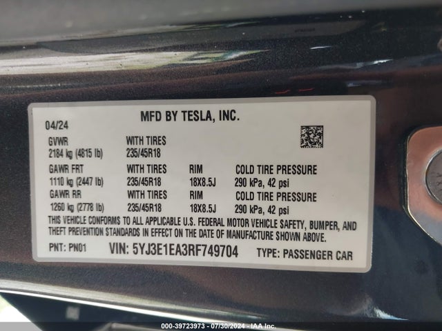 2024 TESLA MODEL 3 5YJ3E1EA3RF749704 Photo 8
