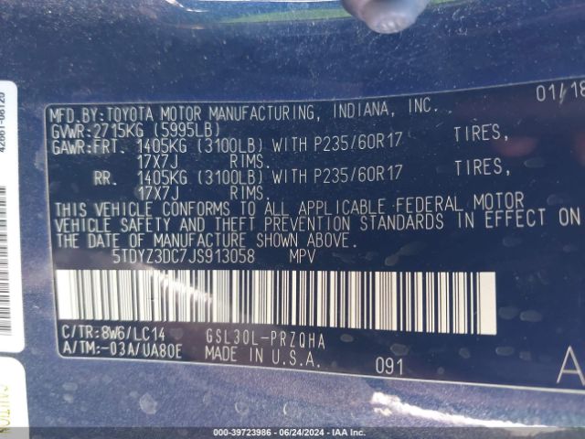 5TDYZ3DC7JS913058 Toyota Sienna Xle 8 Passenger