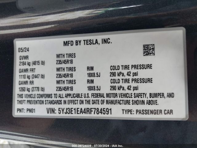 5YJ3E1EA4RF784591 Tesla Model 3 Rear-wheel Drive