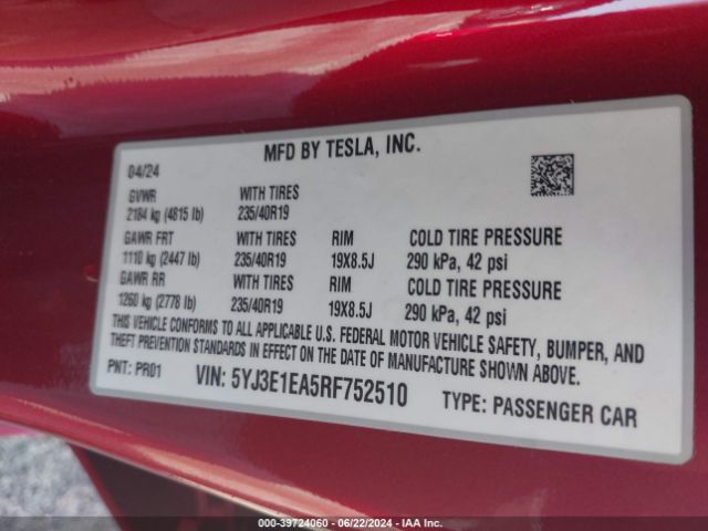 5YJ3E1EA5RF752510 Tesla Model 3 Rear-wheel Drive