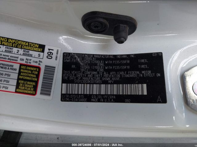 5TDYZ3DC0KS015855 Toyota Sienna Limited 7 Passenger