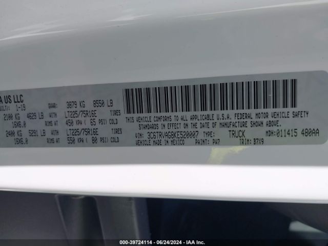 3C6TRVAG8KE520007 RAM Promaster 1500 Low Roof 136 Wb