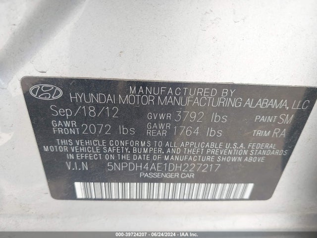 Aukcja sprzedaży 2013 Hyundai Elantra Gls, vin: 5NPDH4AE1DH227217, numer aukcji: 39724207