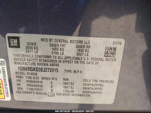Chevrolet Traverse 1lt 2014 1GNKRGKD3EJ272915 Image 9