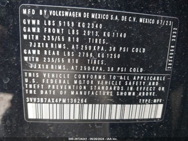 3VV3B7AX4PM136264 Volkswagen Tiguan 2.0t Se