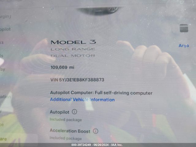 5YJ3E1EB8KF388873 Tesla Model 3 Long Range/performance