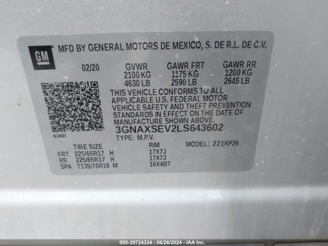 3GNAXSEV2LS643602 Chevrolet Equinox Awd Ls