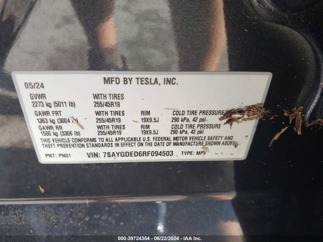 Tesla Model Y Long Range/rwd 2024 7SAYGDED6RF094503 Image 9