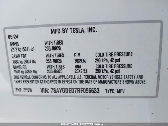 Tesla Model Y Long Range/rwd 2024 7SAYGDED7RF096633 Image 9
