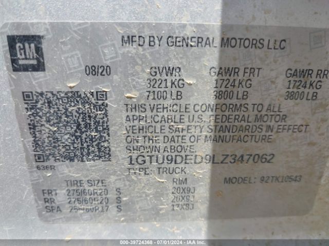 1GTU9DED9LZ347062 GMC Sierra 1500 4wd  Short Box Slt