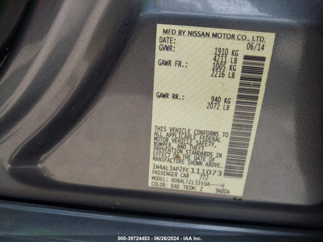 Nissan Altima 2.5 Sl 2015 1N4AL3AP2FC111073 Image 9
