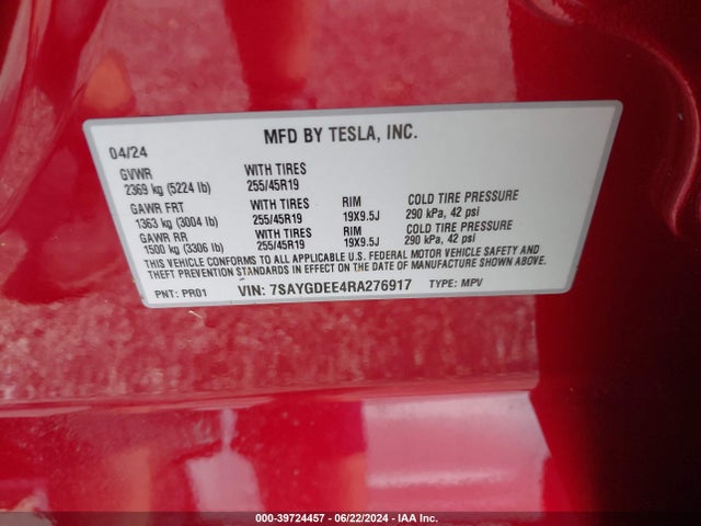 2024 TESLA MODEL Y 7SAYGDEE4RA276917 Photo 8