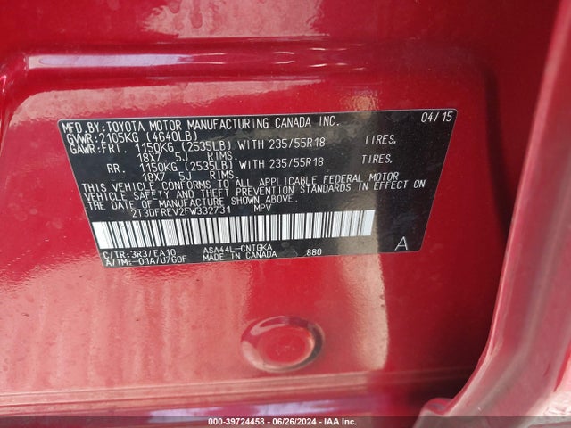 Toyota Rav4 Limited 2015 2T3DFREV2FW332731 Image 9