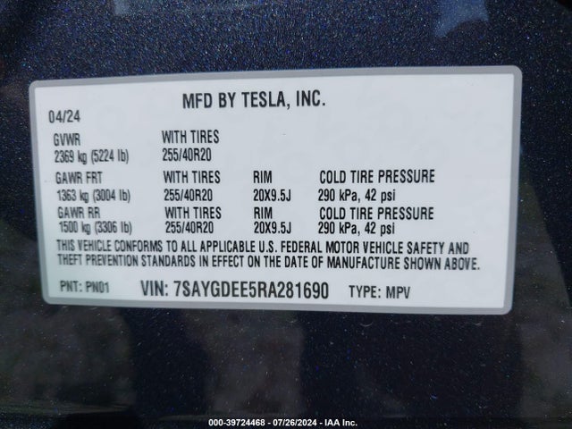 2024 TESLA MODEL Y 7SAYGDEE5RA281690 Photo 8
