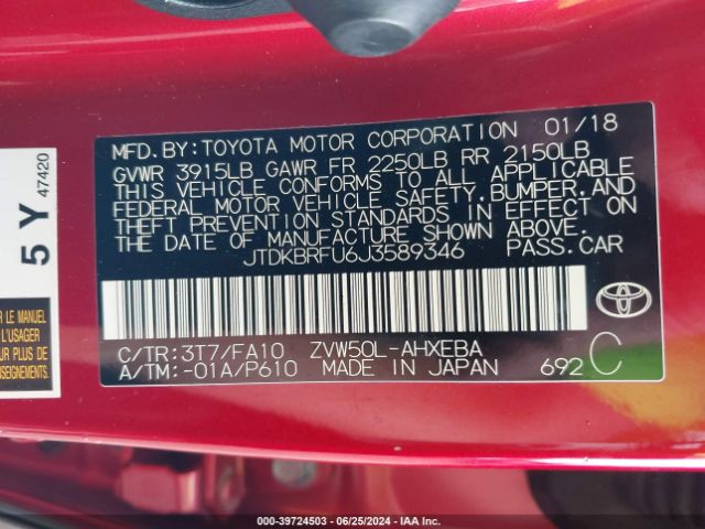 JTDKBRFU6J3589346 Toyota Prius Two