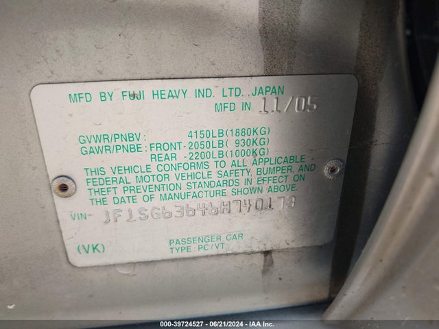 Продаж на аукціоні авто 2006 Subaru Forester 2.5x, vin: JF1SG63646H740173, номер лоту: 39724527