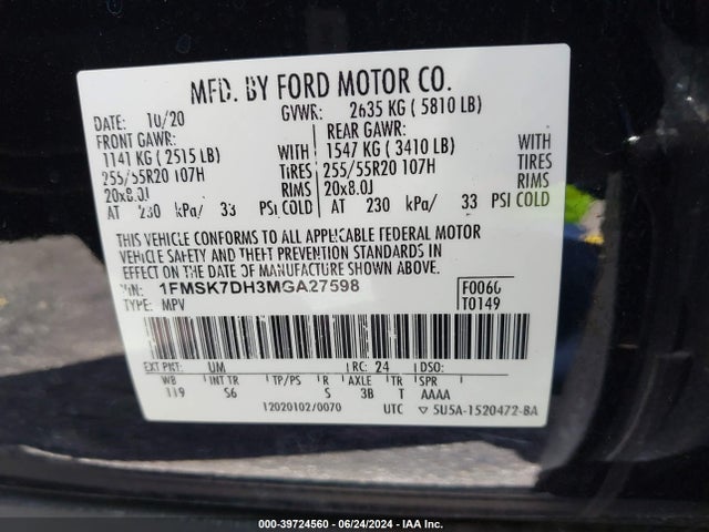 Ford EXPLORER XLT 2021 1FMSK7DH3MGA27598 Image 9