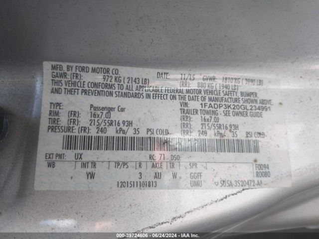 1FADP3K20GL234991 Ford FOCUS SE