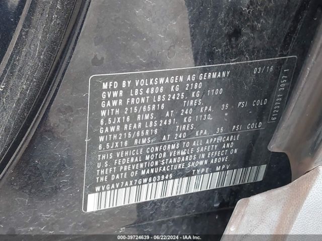 WVGAV7AX7GW603945 Volkswagen TIGUAN S