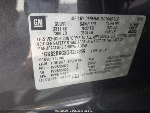 1GKS2BKC3GR324866 GMC YUKON SLT