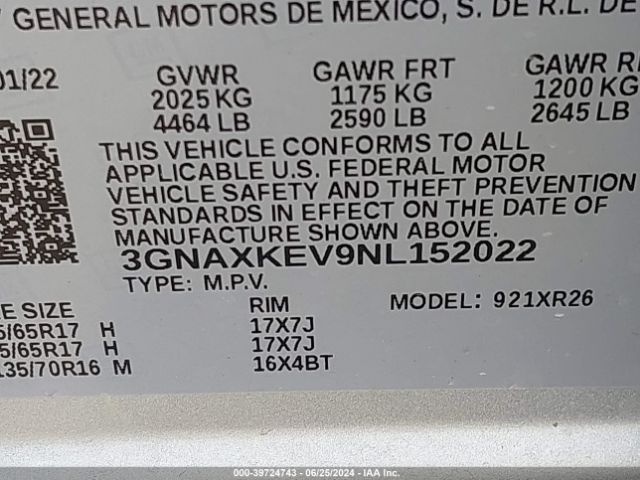 3GNAXKEV9NL152022 Chevrolet Equinox Fwd Lt