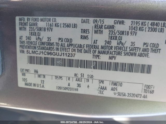 5LMCJ1C96GUJ11237 Lincoln Mkc Premier