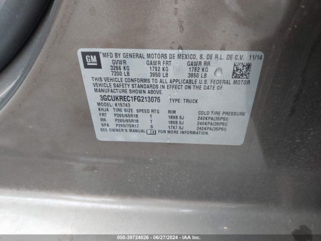 3GCUKREC1FG213076 Chevrolet Silverado 1500 2lt