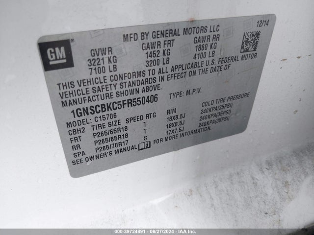 Chevrolet Tahoe Lt 2015 1GNSCBKC5FR550406 Image 9