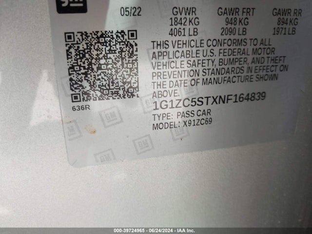 39724965 :رقم المزاد ، 1G1ZC5STXNF164839 vin ، 2022 Chevrolet Malibu Fwd 1fl مزاد بيع