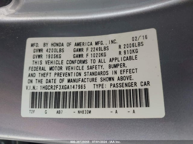 Honda ACCORD LX 2016 1HGCR2F3XGA147965 Image 9