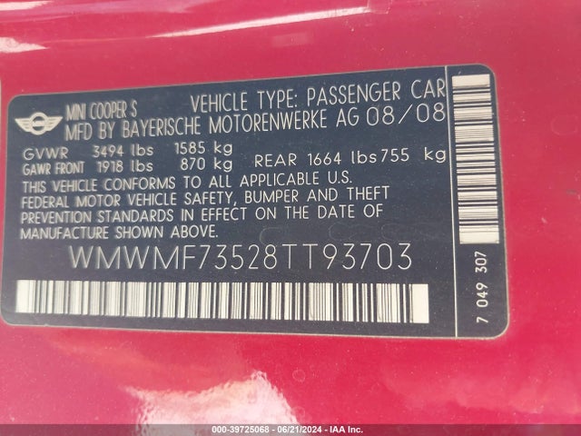2008 MINI COOPER S WMWMF73528TT93703 Photo 8
