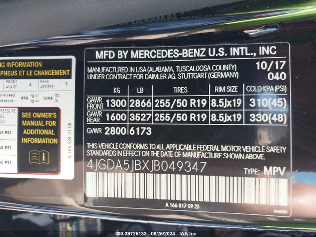 4JGDA5JBXJB049347 Mercedes-Benz GLE 350
