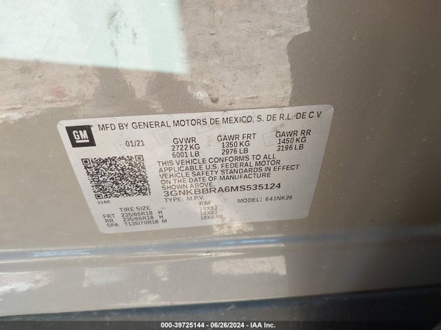 3GNKBBRA6MS535124 Chevrolet Blazer Fwd 1lt
