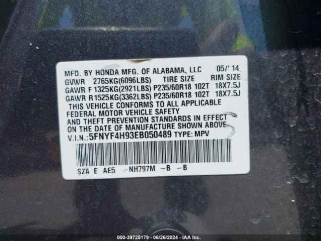 5FNYF4H93EB050489 Honda Pilot Touring