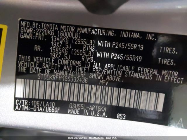 5TDDKRFH1GS332436 Toyota Highlander Limited V6