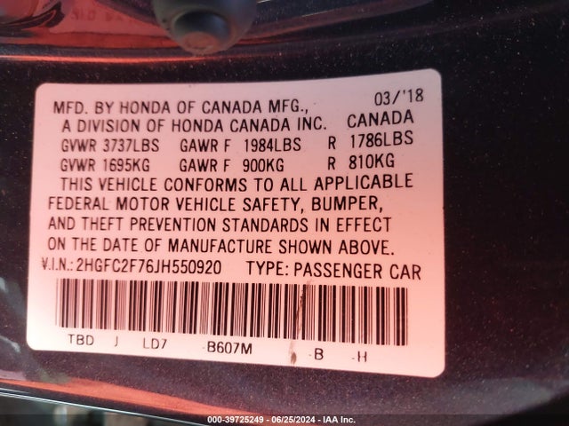 Honda CIVIC EX 2018 2HGFC2F76JH550920 Image 9