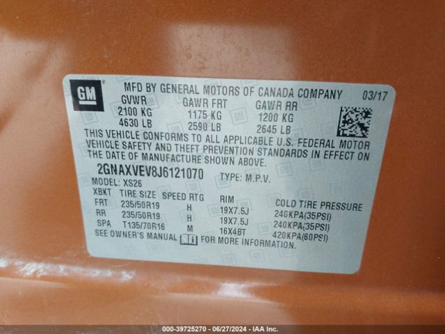 2GNAXVEV8J6121070 Chevrolet Equinox Premier