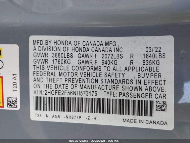 2HGFE2F56NH573175 Honda Civic Sport