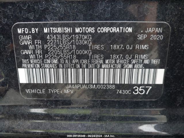 JA4APUAU3MU002388 Mitsubishi Outlander Sport 2.0 Es 2wd