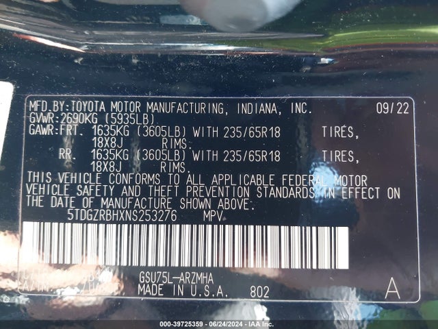 Toyota Highlander Xle 2022 5TDGZRBHXNS253276 Image 9