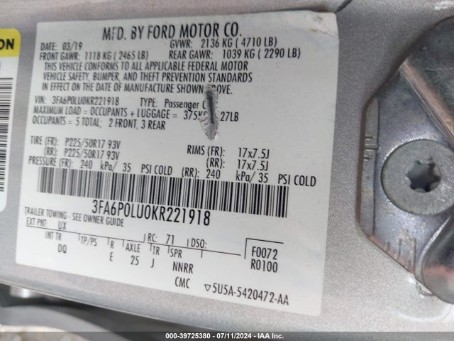 Ford Fusion Hybrid Se 2019 3FA6P0LU0KR221918 Image 9