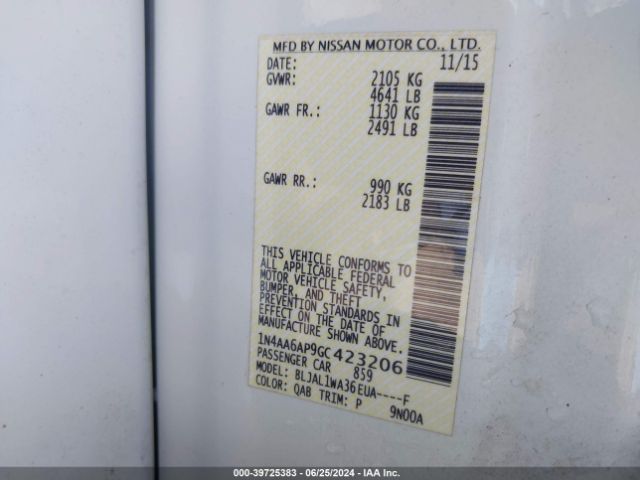1N4AA6AP9GC423206 Nissan Maxima 3.5 Platinum/3.5 S/3.5 Sl/3.5 Sr/3.5 Sv