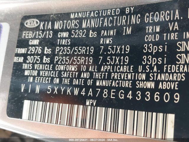 5XYKW4A78EG433609 KIA SORENTO SX