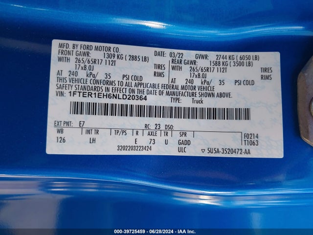 Ford RANGER XL 2022 1FTER1EH6NLD20364 Image 9