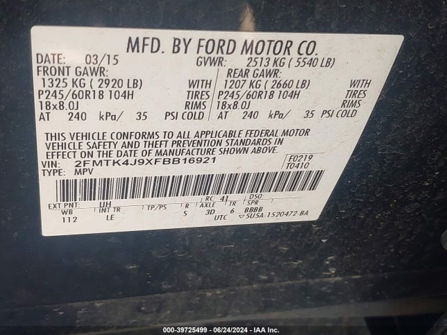 Ford EDGE SEL 2015 2FMTK4J9XFBB16921 Image 9