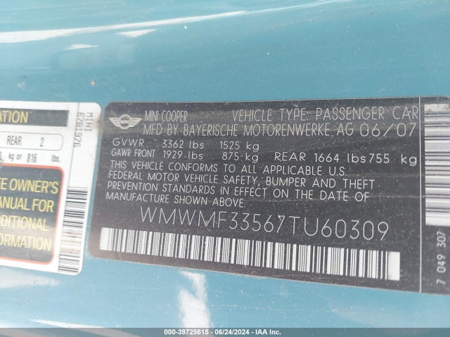 2007 MINI COOPER WMWMF33567TU60309 Photo 8