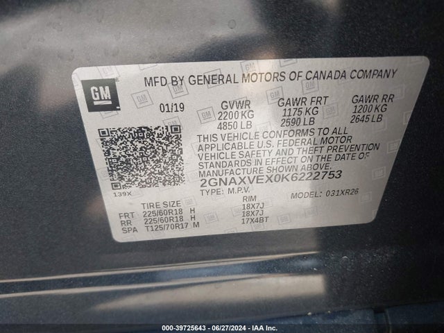 Chevrolet EQUINOX LT 2019 2GNAXVEX0K6222753 Image 9