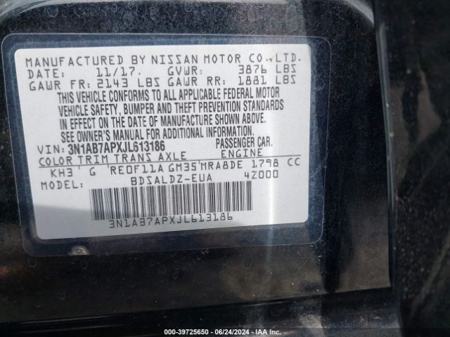 3N1AB7APXJL613186 Nissan SENTRA SV