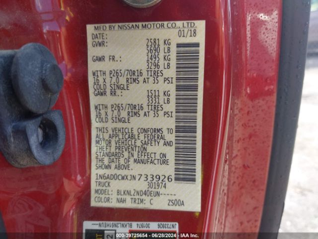 1N6AD0CWXJN733926 Nissan Frontier Sv